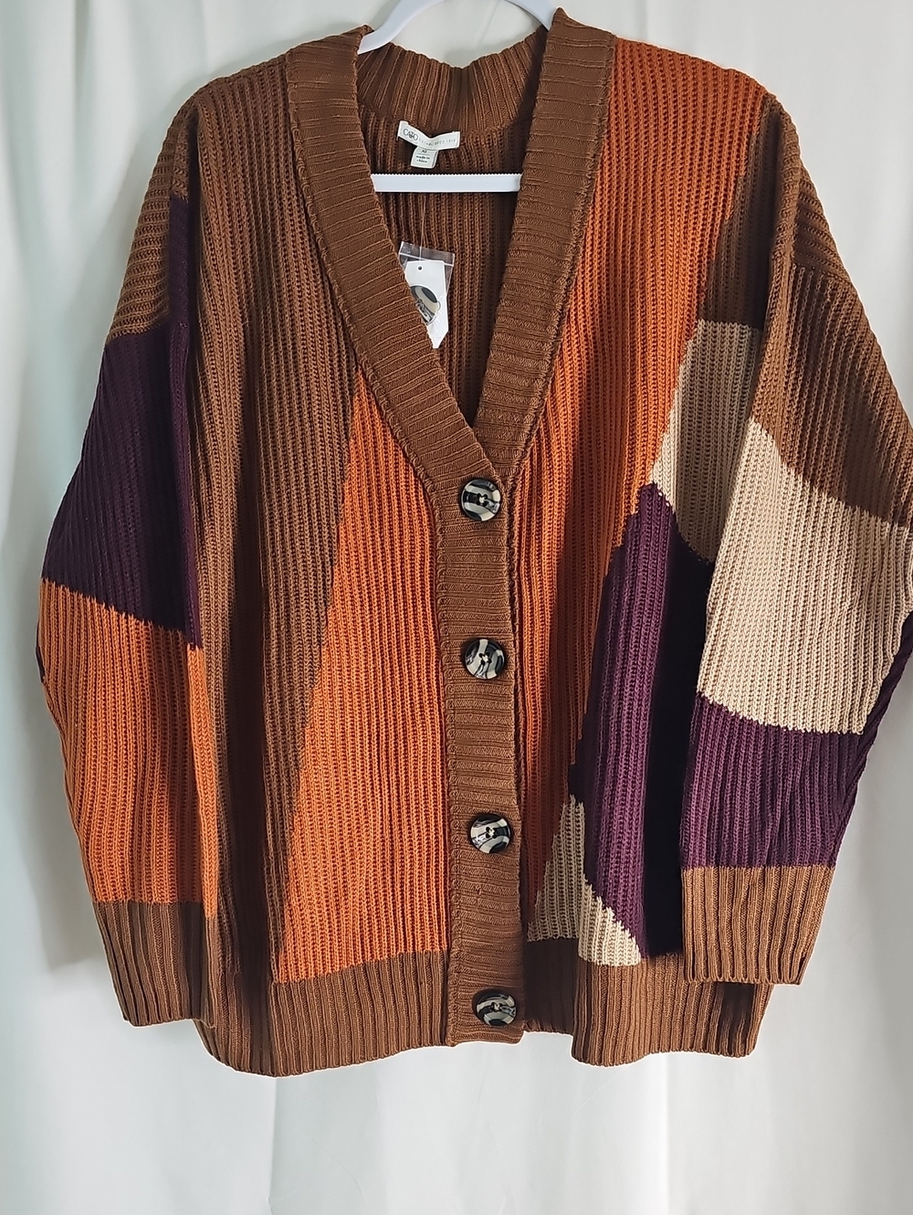 Cato Brown Orange Purple Colorblock Button-Front Cardigan